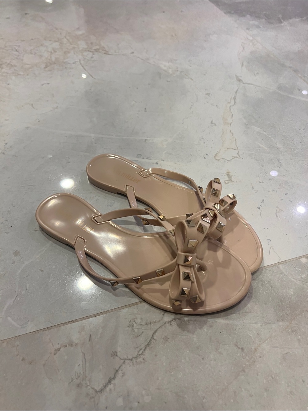 Olivia Miller Nude Stud Bow Jelly Sandals - Size 39
